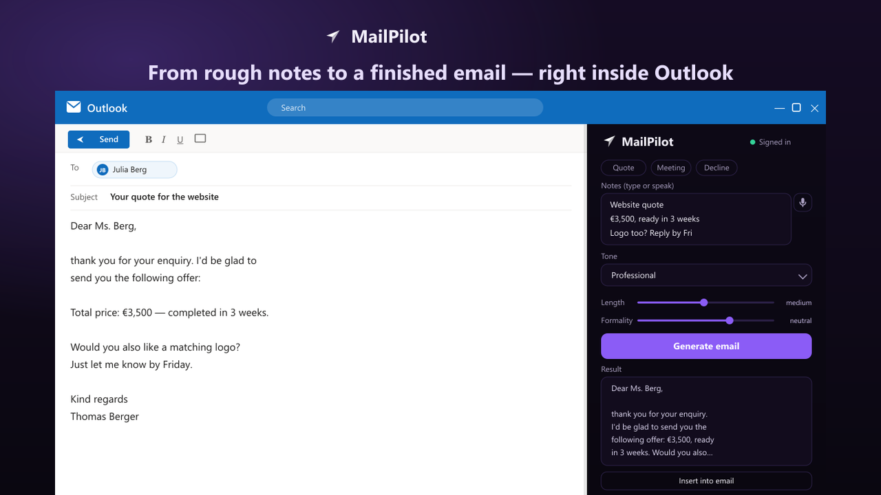 MailPilot inside Outlook: bullet points become a finished email