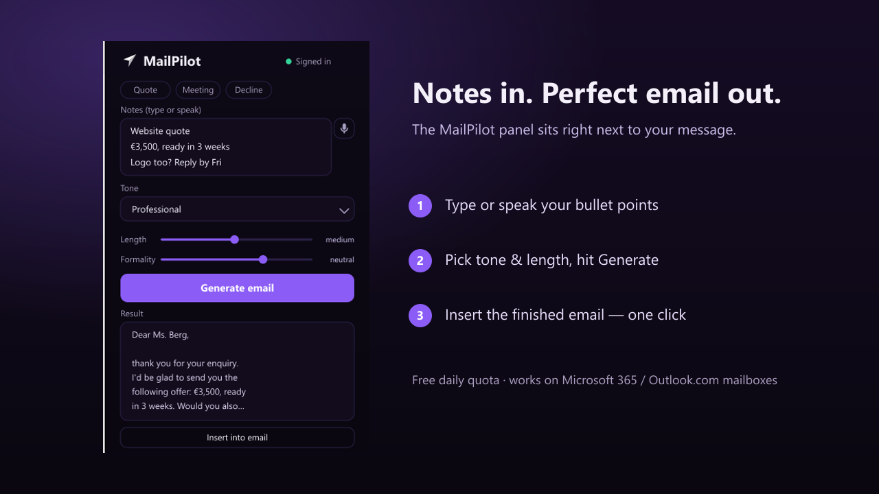 The MailPilot panel: type notes, generate, insert
